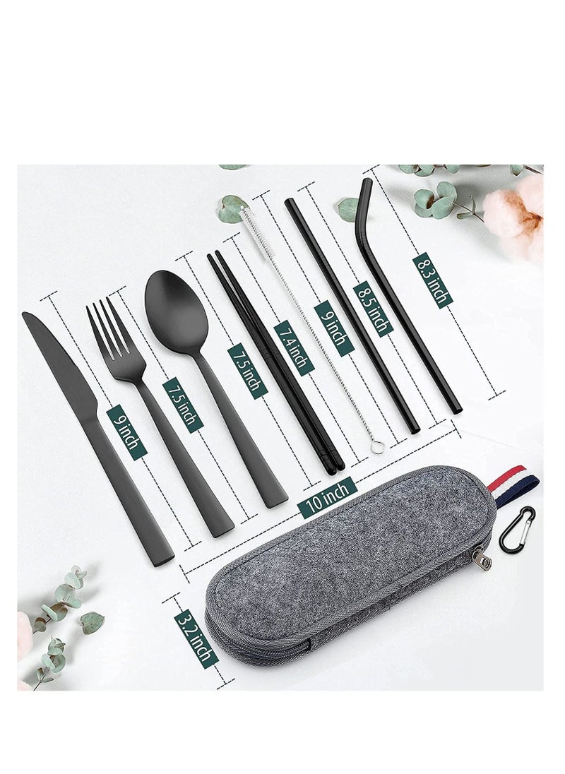 Matte Black Travel Equipment With Box Portable Stainless Steel Cutlery Reusable Camping Set Including Knife Fork Spoon Chopsticks Straw Cleaning Brush (8-Piece Set)