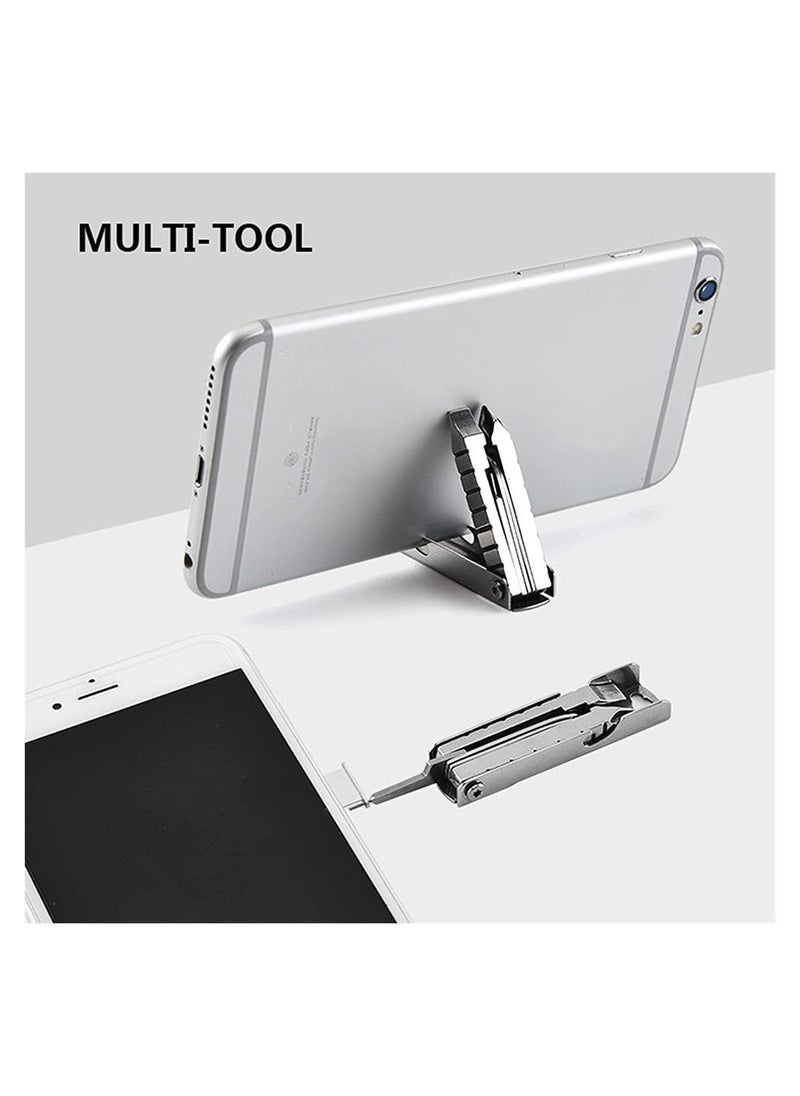 Keychain Multitool Multi Function Repair Tool 11 In 1 Purpose with Screwdriver Nail File Bottle Opener Wrench Ruler Card Pin Mobile Phone Holder Silver