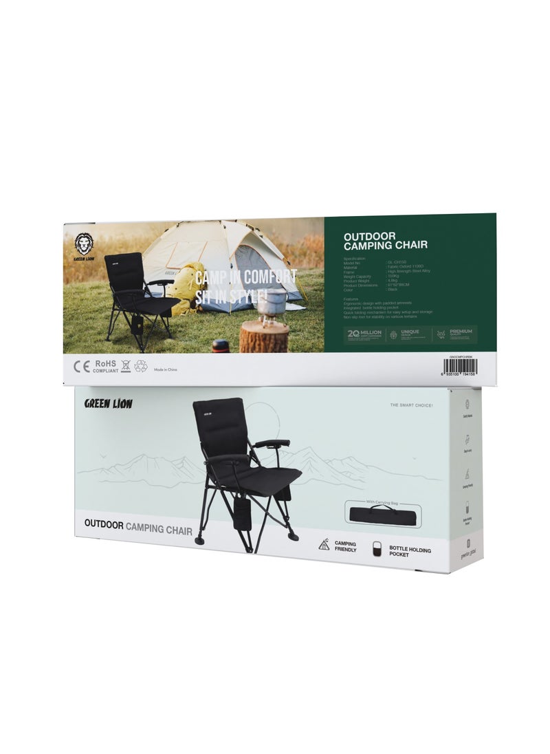 Outdoor Camping Chair with Carrying Bag / 150Kg Weight Capacity / Bottle Holding Pocket / Ergonomic Design / Non-slip feet / Easy Setup / Fabric Oxford 1100D Material / Easy to Carry - Black