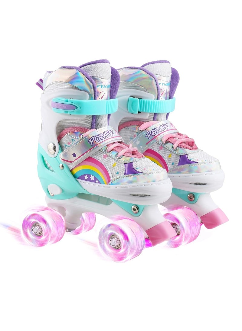 Children's Purple and White Roller Skates with Iridescent Metallic Finish, Rainbow and Star Design – Comfortable Fit, Adjustable Straps, Perfect for Outdoor Play