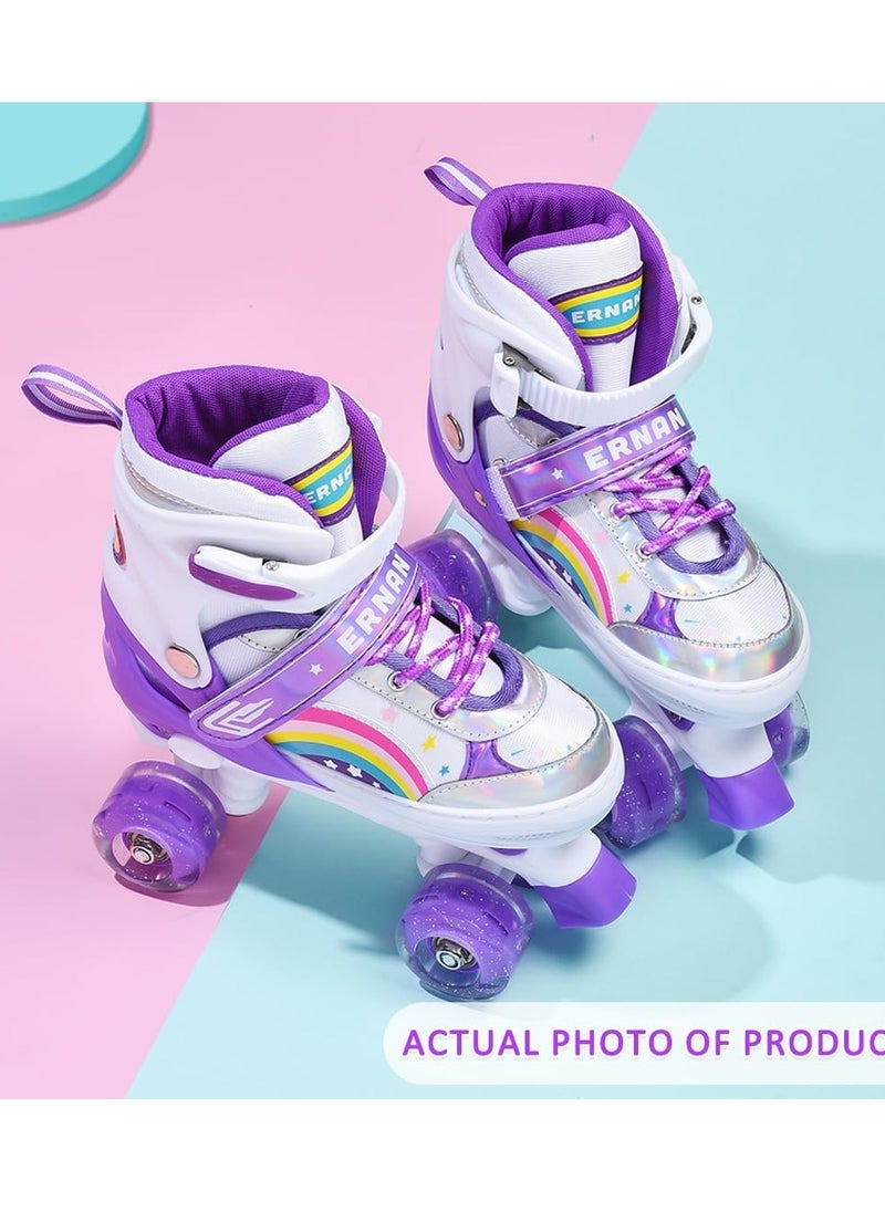 Children's Purple and White Roller Skates with Iridescent Metallic Finish, Rainbow and Star Design – Comfortable Fit, Adjustable Straps, Perfect for Outdoor Play