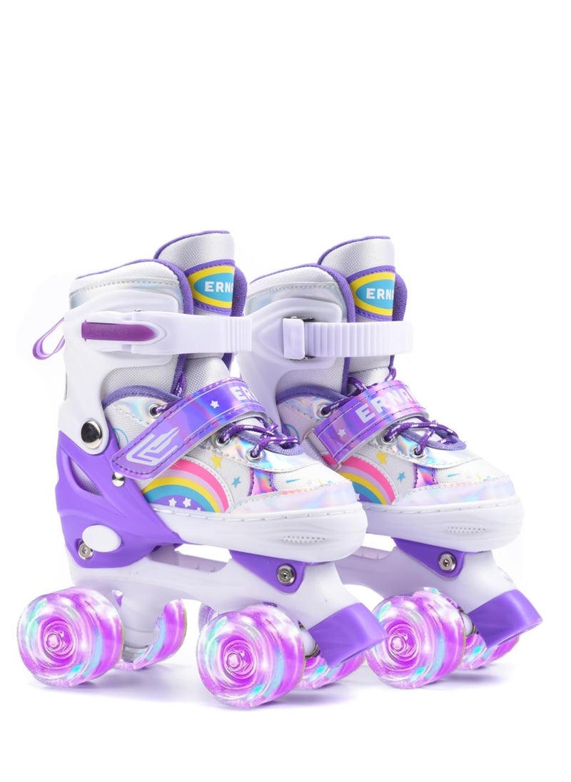 Children's Purple and White Roller Skates with Iridescent Metallic Finish, Rainbow and Star Design – Comfortable Fit, Adjustable Straps, Perfect for Outdoor Play