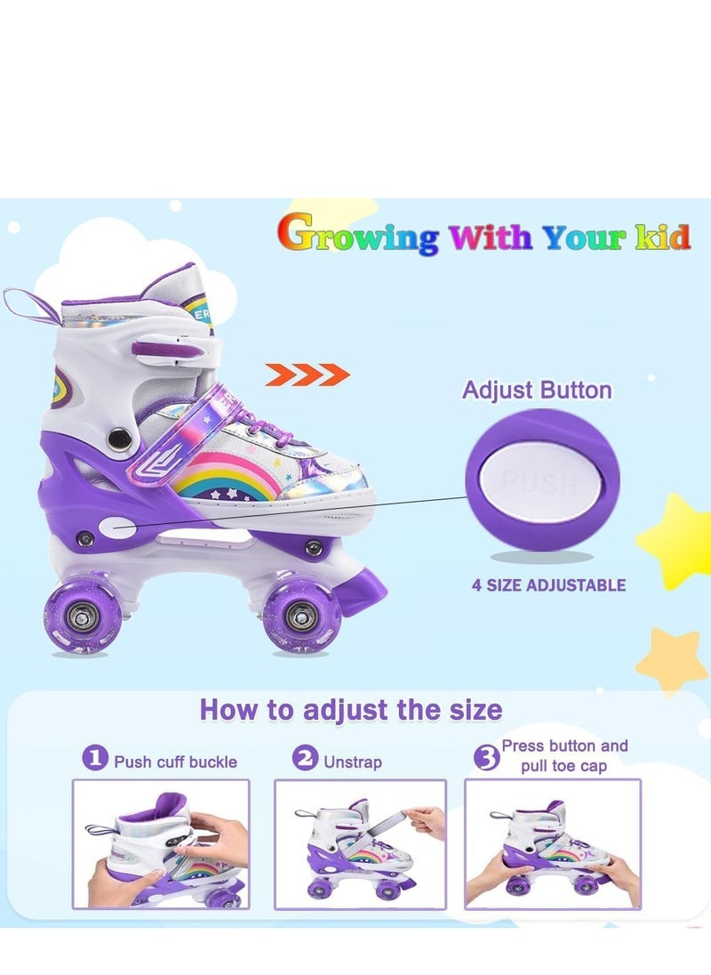 Children's Purple and White Roller Skates with Iridescent Metallic Finish, Rainbow and Star Design – Comfortable Fit, Adjustable Straps, Perfect for Outdoor Play