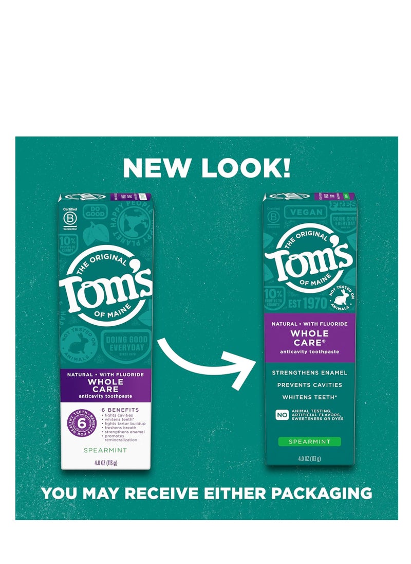 Tom's of Maine Whole Care Natural Toothpaste with Fluoride, Spearmint, 4 Ounce (Pack of 3), (Packaging May Vary)