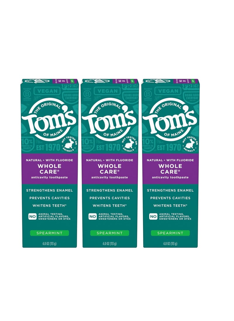 Tom's of Maine Whole Care Natural Toothpaste with Fluoride, Spearmint, 4 Ounce (Pack of 3), (Packaging May Vary)