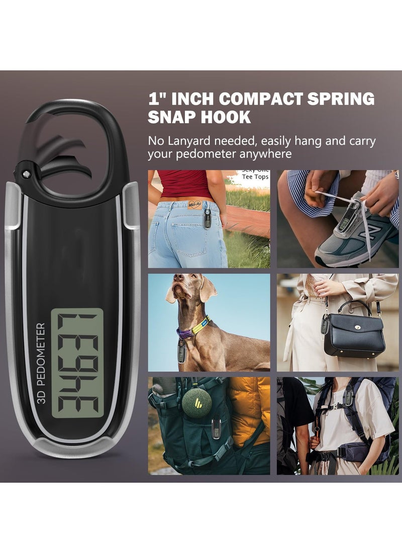 3D Pedometer for Walking with Removable Clip and Snap Hook Automatically Correct Small and Portable Simple Step Counter Accurate Walking Step Tracker with Big Digital Display for Men Women Black