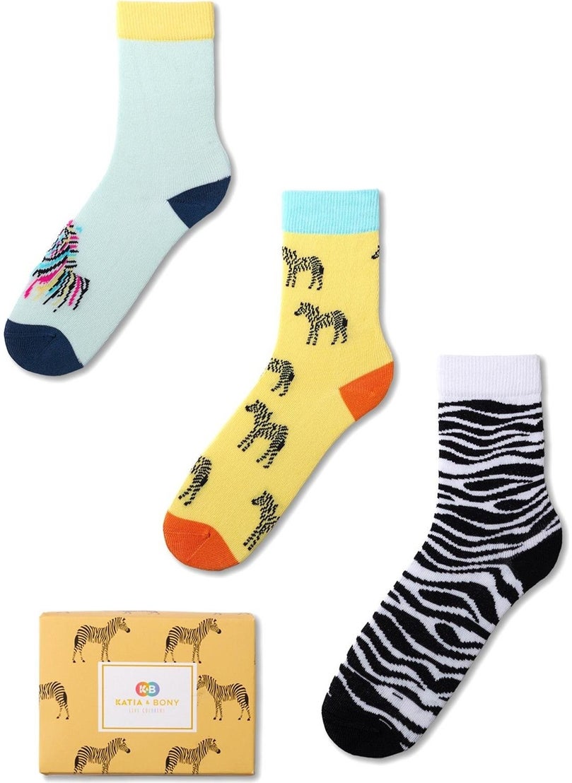 Kids Zebra Patterned 3-Pack Boxed Ankle Socks