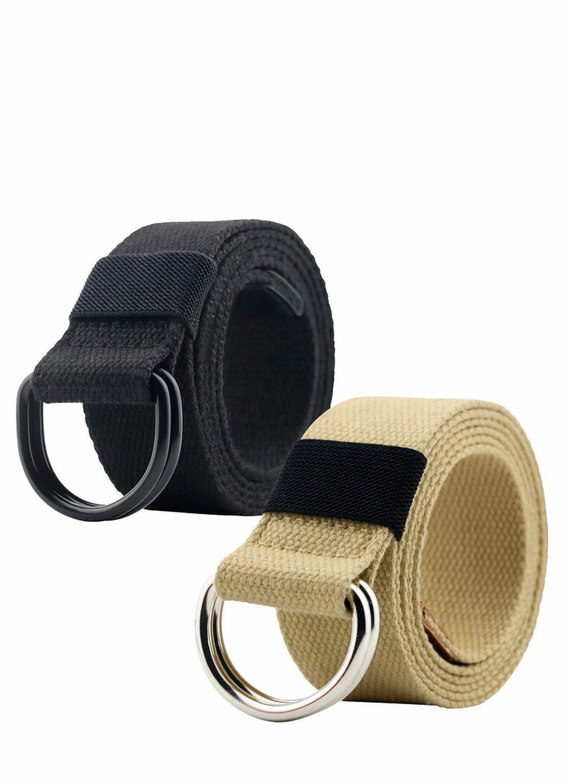 Canvas Belt, 2PCS Double D-ring Web Belt for Men Women Casual Adjustable Outdoor Sports Soft, Comfortable and Durable Quality Canvas, Black, Khaki