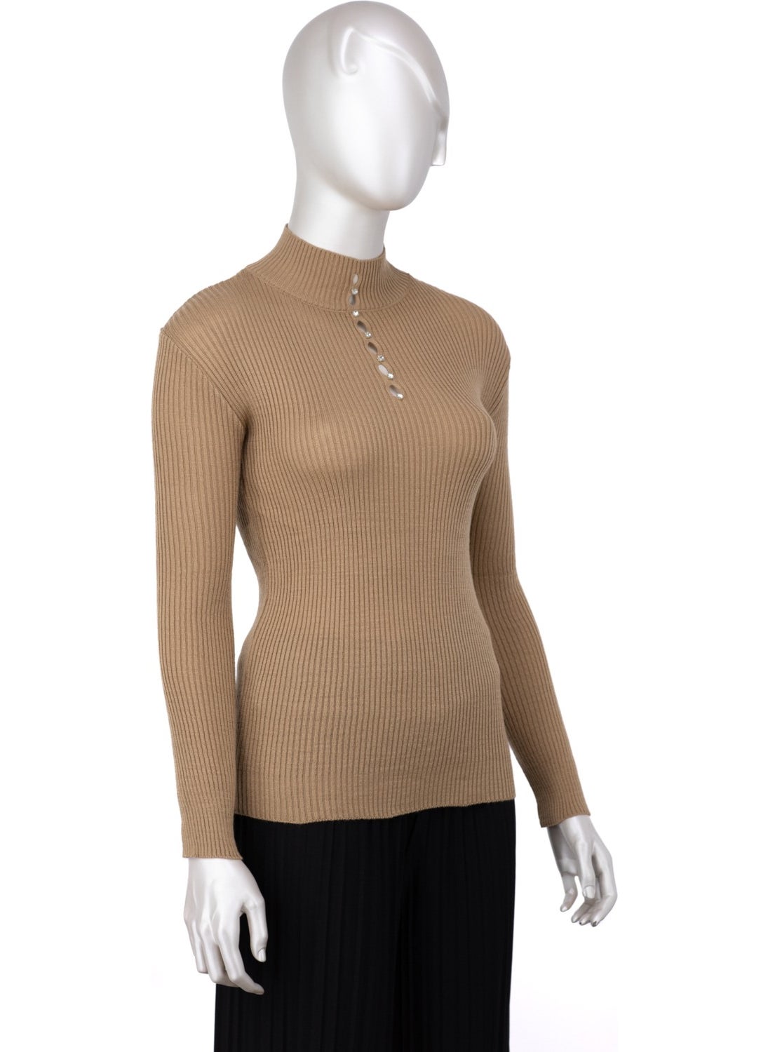 Women's Winter Stylish Stoned Half Collar Long Sleeve Fitted Lycra Knitted Knitwear Badi Sweater on the Chest