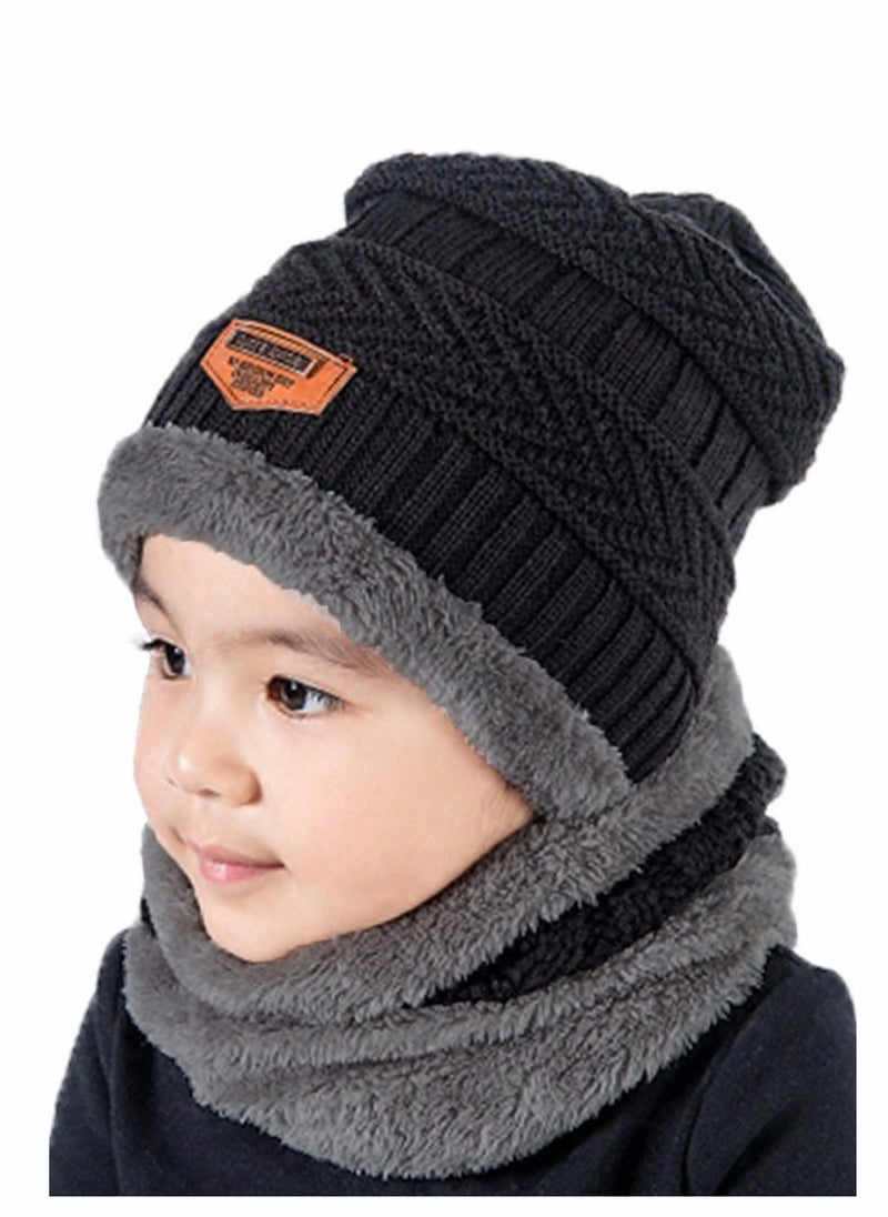 Kids Beanie Hat Scarf Set, 2 Pcs Knit Winter Warm Set for Toddler Boys Girls for 1-6 Years Old Kids Winter Beanie Hat Scarf Set with Knit Thick Warm Fleece Lined Black