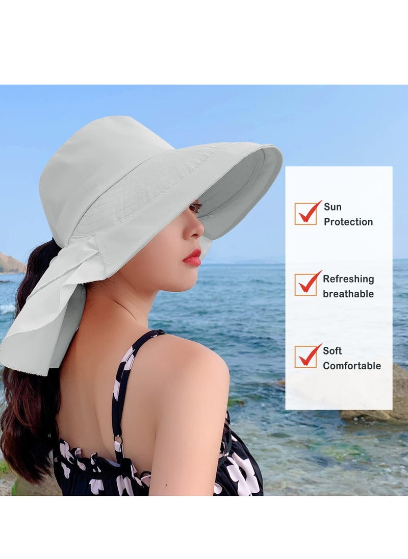 Women's Sun Hat Adjustable Beach Visor Fishing Hat with Neck Flap Summer Sun Hat Wide Brim Outdoor UV Protection Hat Ponytail Bucket Cap for Beach Fishing Hiking Travel Light Gray