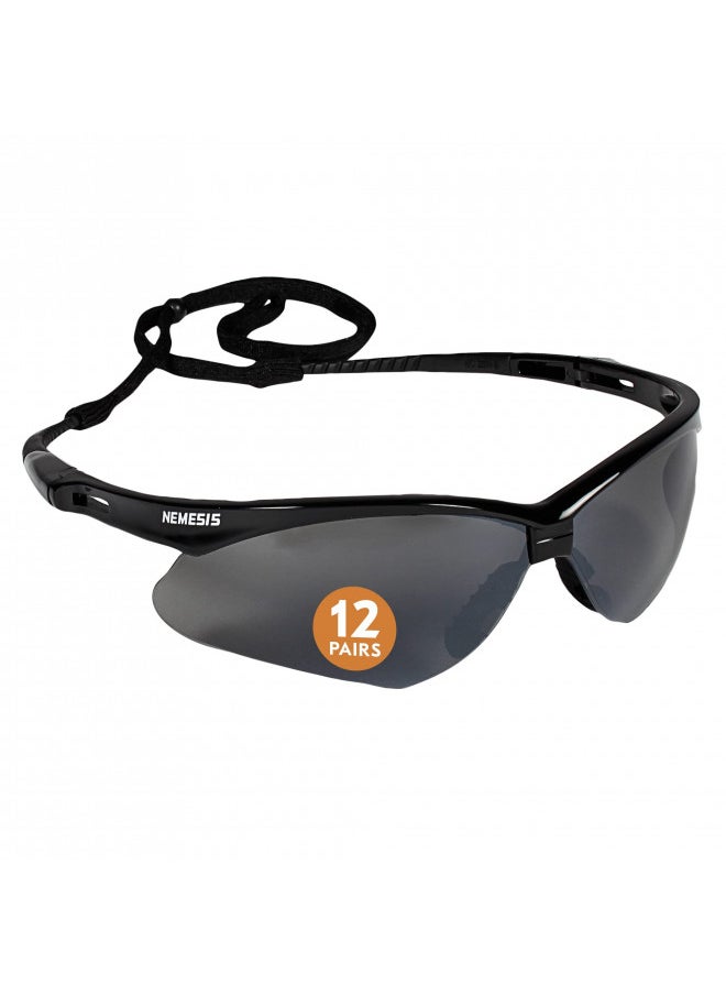 KleenGuard V30 Nemesis Safety Glasses (25688), with Mirror Coating, Smoke Lenses, Black Frame, Unisex Sunglasses for Men and Women (Qty 12)