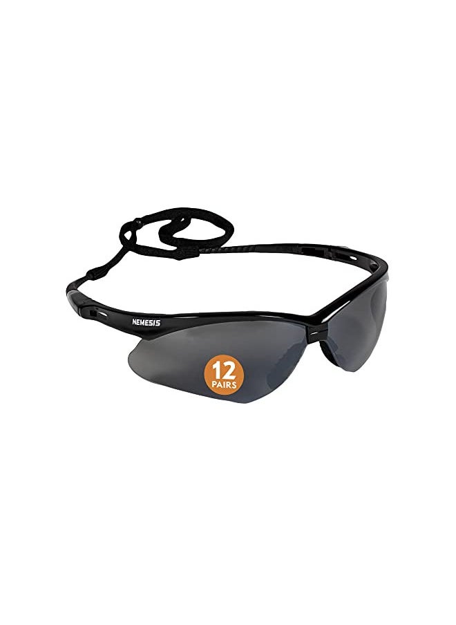 KleenGuard V30 Nemesis Safety Glasses (25688), with Mirror Coating, Smoke Lenses, Black Frame, Unisex Sunglasses for Men and Women (Qty 12)