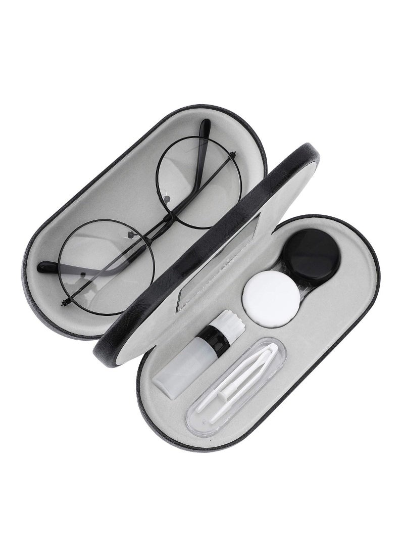 Double Eyeglass Case,  Contact Lens Case with Mirror Tweezers Remover, 2 in 1 Double Sided Portable Contact Lens Box Holder Container Soak Storage Kit Sunglasses Pouch for Men & Women