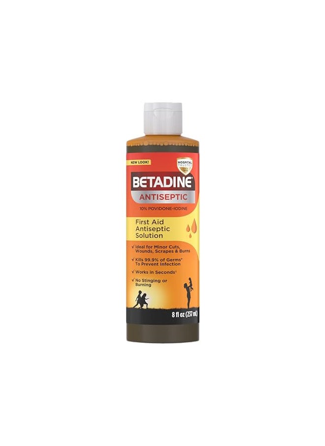 Betadine Antiseptic Liquid First Aid Solution, Povidone-iodine 10%, Infection Protection, Kills Germs In Minor Cuts Scrapes And Burns, No Sting Promise, No Alcohol or Hydrogen Peroxide, 8 FL OZ