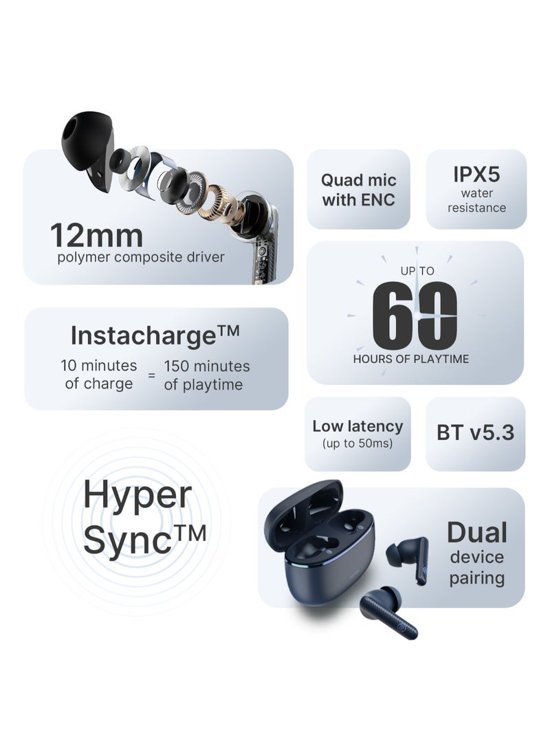 Aura Buds in-Ear Truly Wireless Earbuds with 60H of Playtime, Quad Mic with ENC, Dual Device Pairing, Instacharge(10 min=150 min),12mm Polymer Composite Driver,BT v5.3 Aura Black
