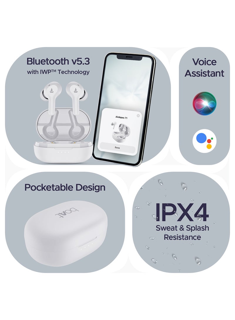 Airdopes 71 Tws Earbuds With 40 Hours Playtime, Dual Mics With Enx, Asap  Charge, Iwp, Beast Mode With 50 Ms Low Latency, Ipx4 & Pocketable Id Frost White