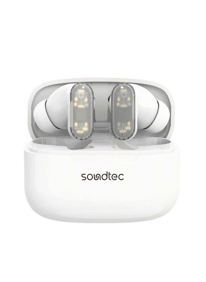 Soundtec ANC & ENC TWS Earphone with Transparent Earbuds, BT V5.3, Deep Bass, Touch Controls, 7H Playtime, 1.5H Charging Time, 20H Standby Time, for Gym, Running, Cycling_White