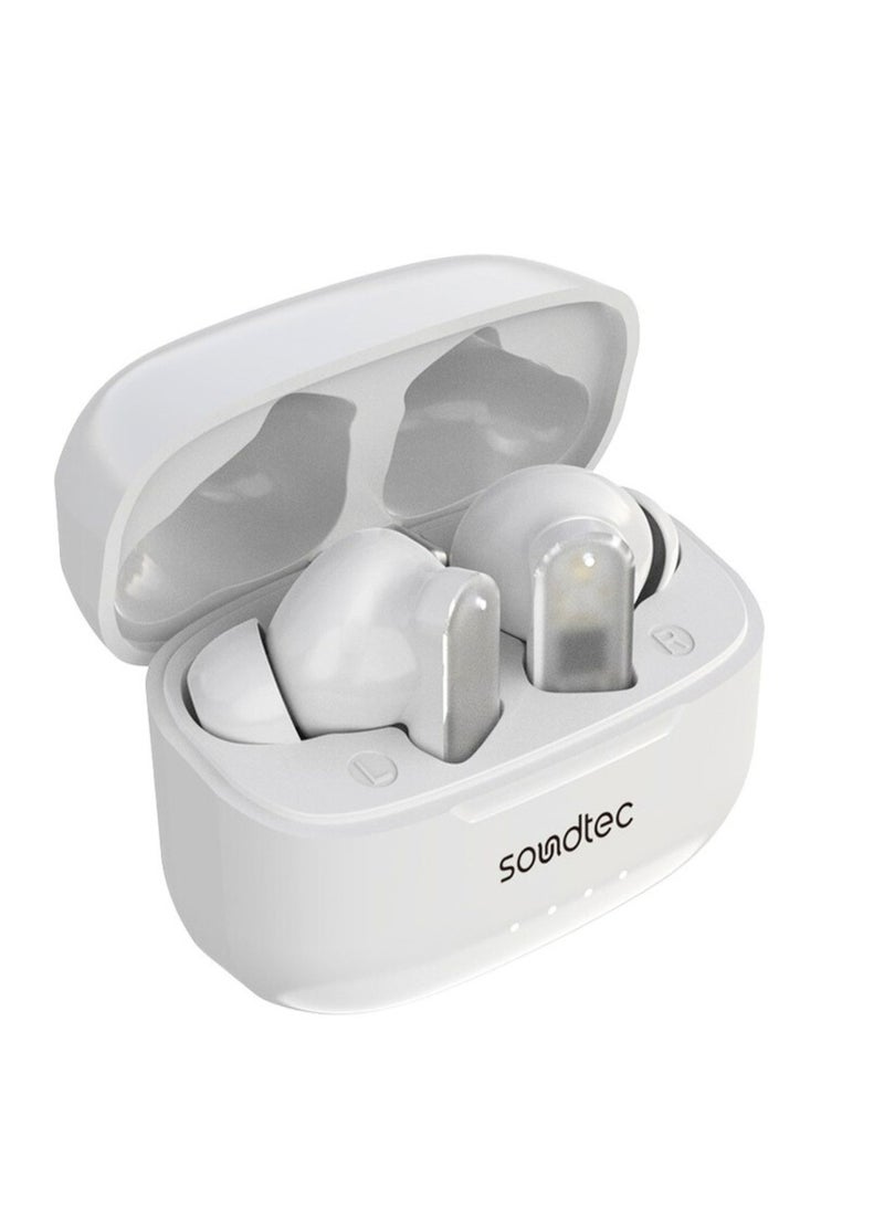 Soundtec ANC & ENC TWS Earphone with Transparent Earbuds, BT V5.3, Deep Bass, Touch Controls, 7H Playtime, 1.5H Charging Time, 20H Standby Time, for Gym, Running, Cycling_White