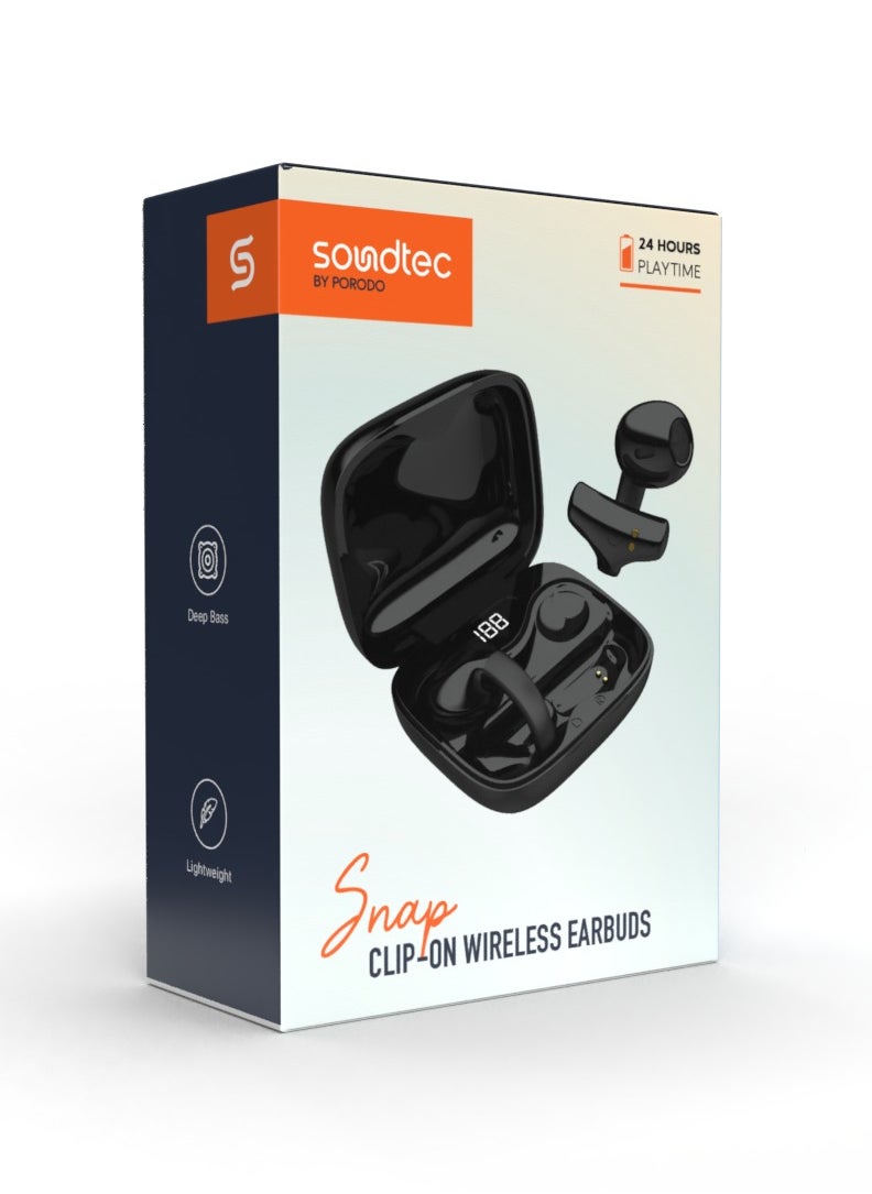 Snap Clip-On Wireless Earbuds with  Digital Display and Touch Controls / Lightweight / Deep Bass Earbud / Music / Game / Calls  - Black