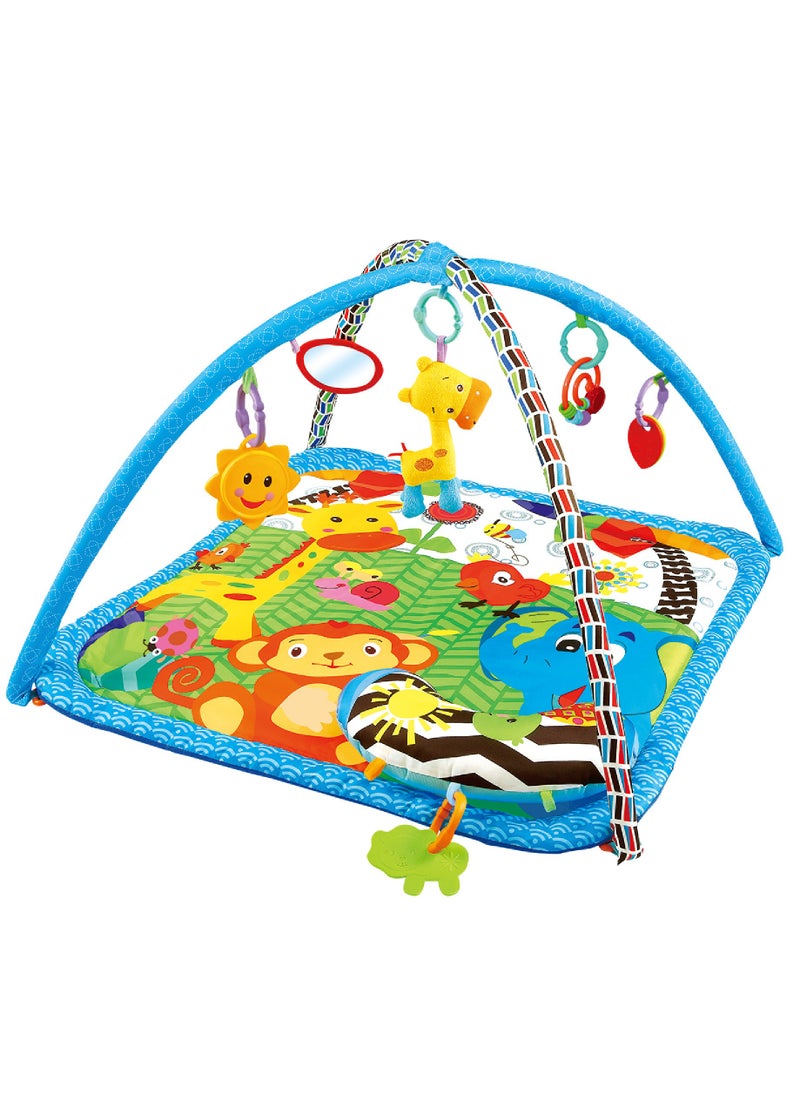 Factory Price Wild Life Printed Activity Play Gym / Playmat For Infants With Soft Neck Pillow and Removable Toys Blue - A