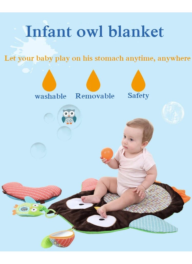 Toy Playmat with Support Pillow, Soft Floor Blanket Indoor Baby Game Mats, Toy Gyms Crawling Pads, Kids Play Rug Carpet with Plush Toys, Owl Design for Tummy Time, Toddlers, Newborn Baby