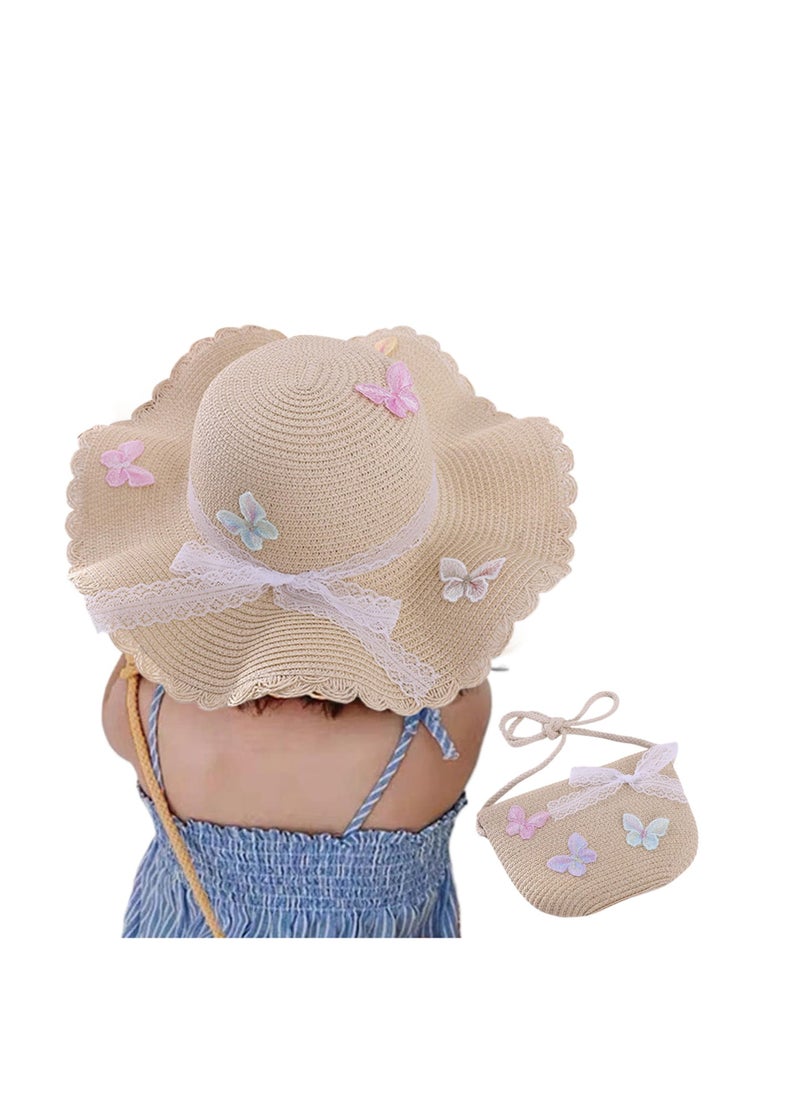 Straw Hat and Straw Bag for Kids, 2 Pcs Cute Butterfly Lace Hat ＆ Straw Crossbody Bag, Sun Protection Outdoor Adorable Tourism Straw Hat for Girls, Summer Beach Sun Visor Hat & Straw Bag, Beige