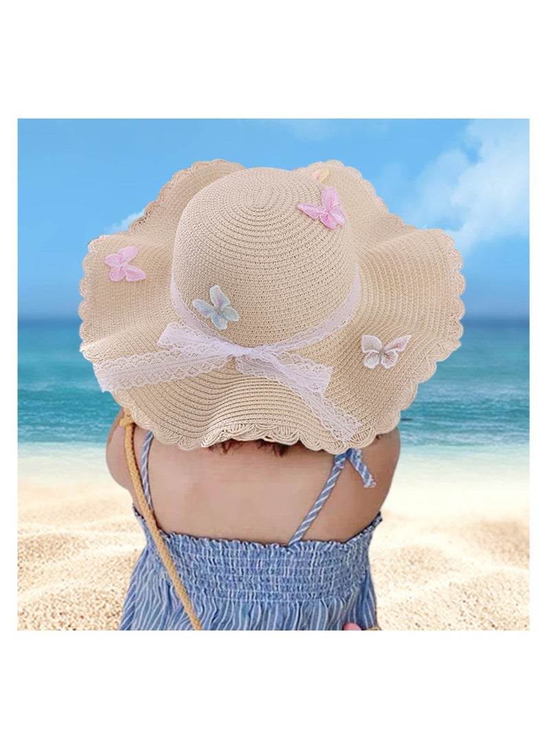 Straw Hat and Straw Bag for Kids, 2 Pcs Cute Butterfly Lace Hat ＆ Straw Crossbody Bag, Sun Protection Outdoor Adorable Tourism Straw Hat for Girls, Summer Beach Sun Visor Hat & Straw Bag, Beige