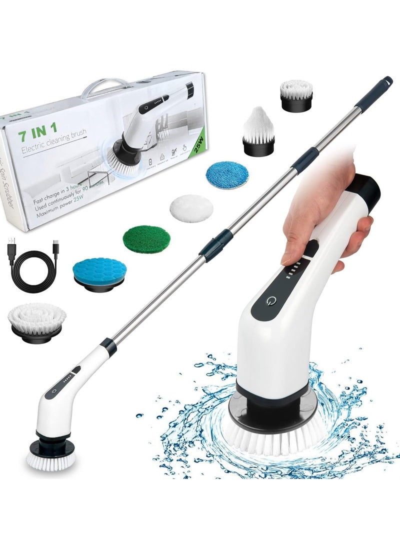 Cordless Electric Cleaning Brush, Cordless Cleaning Brush with 7 Replaceable Brush Heads, Electric Mop with Adjustable Handle for Bathroom, Kitchen, Car