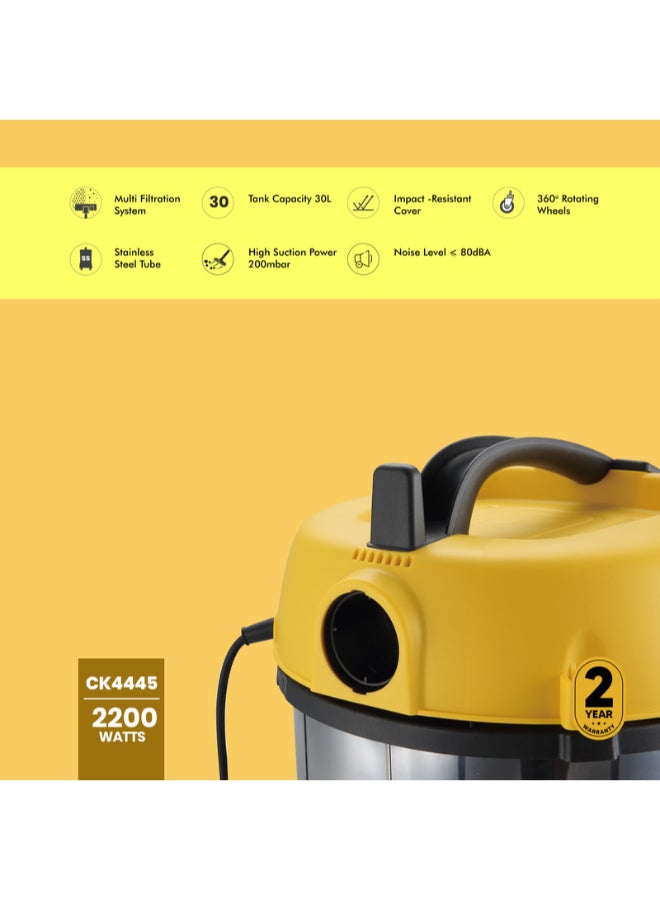 Wet & Dry Vacuum Cleaner 30 L 2200 W CK4445 Yellow/Silver