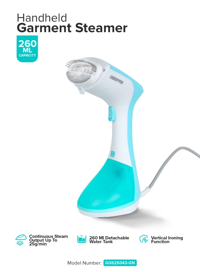 Handheld Garment Steamer 1300 W|  Ready to Use in 30 Seconds | Suitable for All Kinds of Fabric and Safe for Delicate Fabrics| Equipped with Stainless Steel Panel and 260 ML Capacity| 2 Years Warranty 260 ml 1300 W GGS25043-GN Green/White