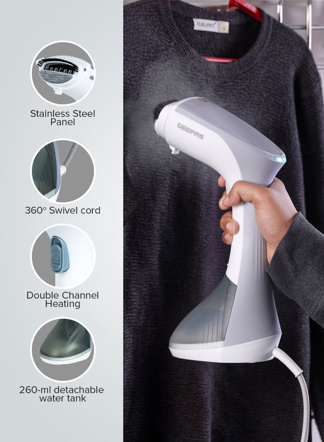 Handheld Garment Steamer 1300 W| Ready to Use in 30 Seconds| Suitable for All Kinds of Fabric and Safe for Delicate Fabrics| Equipped with Stainless Steel Panel and 260 ML Capacity| 2 Years Warranty 260 ml 1300 W GGS25043-GR Grey/White