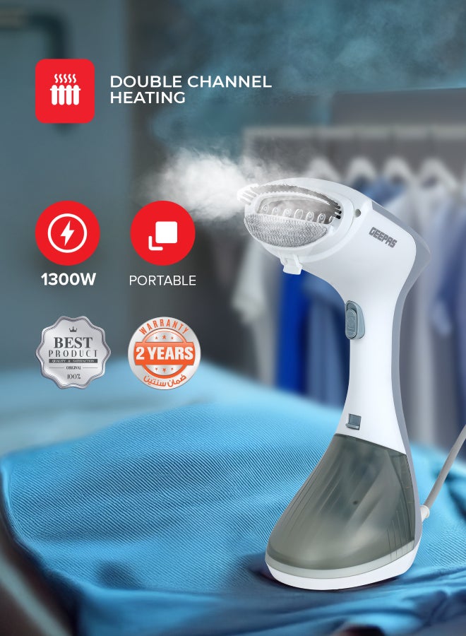 Handheld Garment Steamer 1300 W| Ready to Use in 30 Seconds| Suitable for All Kinds of Fabric and Safe for Delicate Fabrics| Equipped with Stainless Steel Panel and 260 ML Capacity| 2 Years Warranty 260 ml 1300 W GGS25043-GR Grey/White