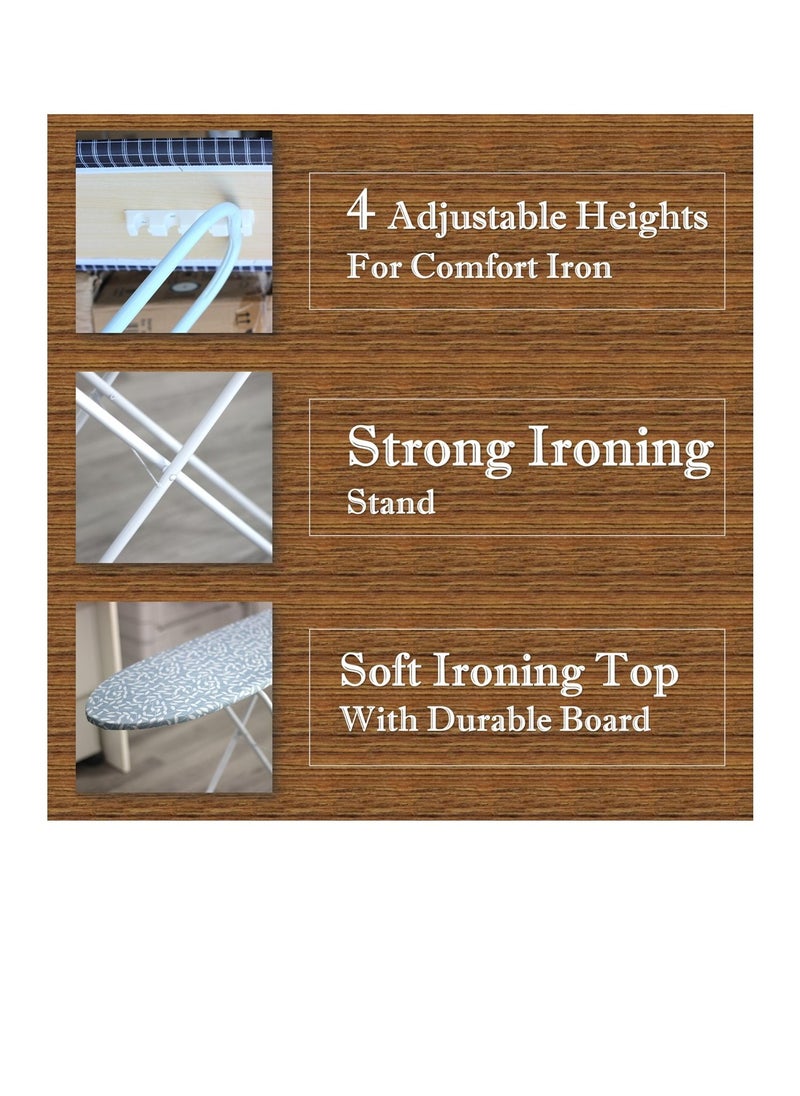 Clean and Care Ironing Board Size A 110cm x 30cm Strong Board 4 Adjustable Heights Iron Durable Stand High Quality Cushion Foldable Space saving Black Checked