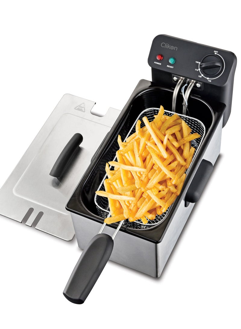 Deep Fryer with Adjustable Thermostat/Frying Basket With Handle/Removable Enamel Inner Pot /Brushed Stainless Steel Housing/Ideal For French Fries, Chicken Wings, Onion Rings, Tempura, Donuts, Fish, Chips, Snacks 3 L 2000 W CK358 Silver