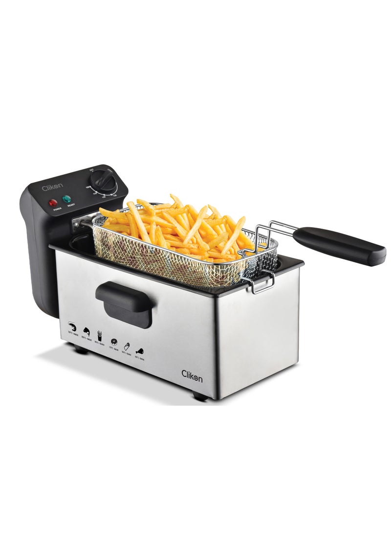 Deep Fryer with Adjustable Thermostat/Frying Basket With Handle/Removable Enamel Inner Pot /Brushed Stainless Steel Housing/Ideal For French Fries, Chicken Wings, Onion Rings, Tempura, Donuts, Fish, Chips, Snacks 3 L 2000 W CK358 Silver