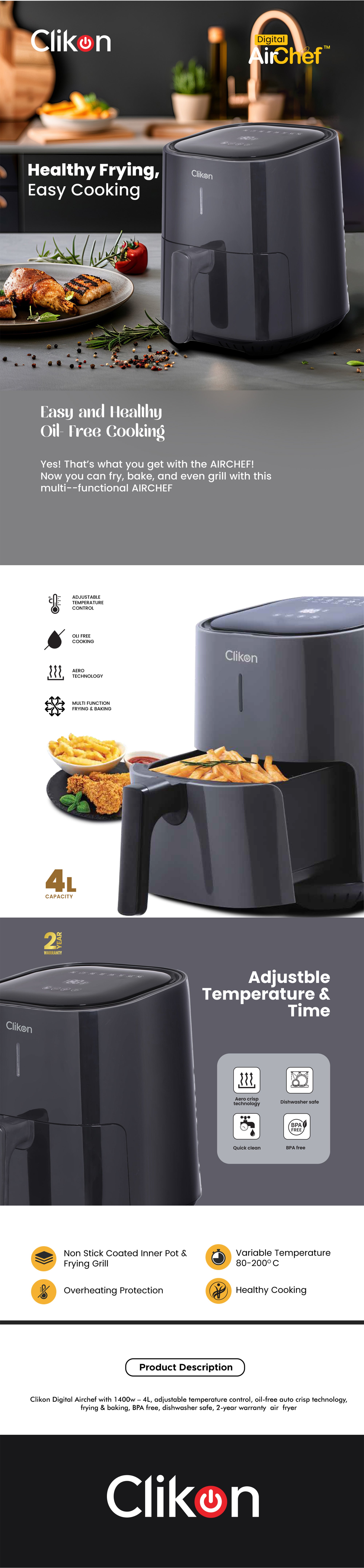 Air Fryer With 4L Non-Stick Container Basket and Dishwasher Safe Basket 4 L 1400 W CK352 Black