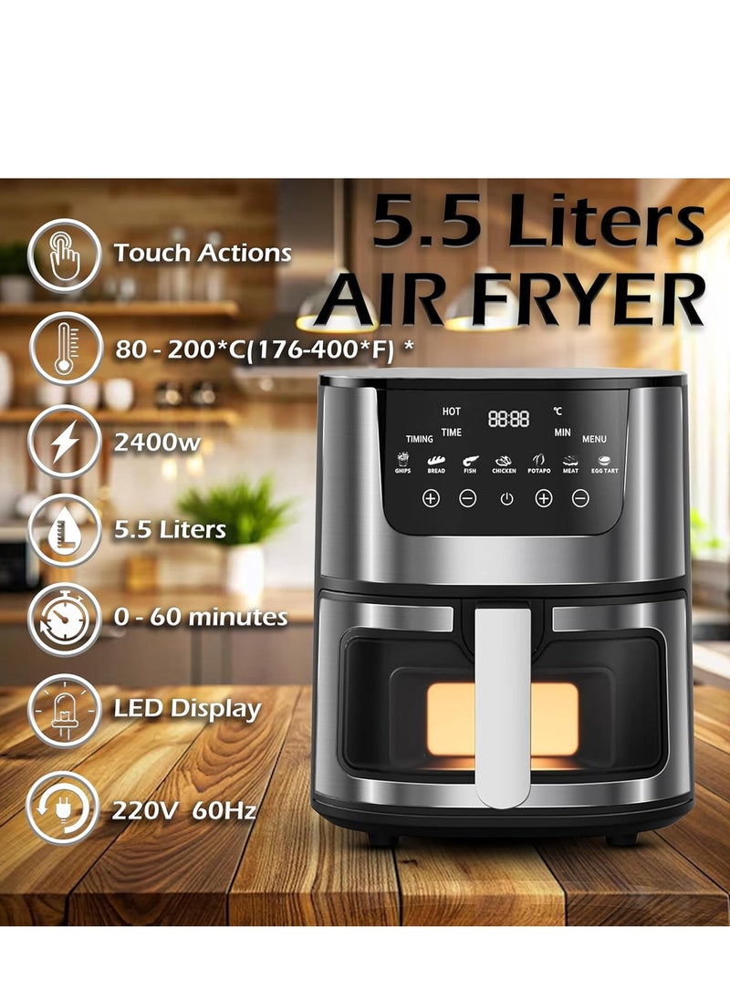 Airfryer 5.5L–Non-Stick bucket & Digital Temperature Control–The smart fryer Ideal for Frying, Grilling, Roasting, Baking, & Toasting Vegetables, French Fries, Meat & Fish (10 free paper liners)