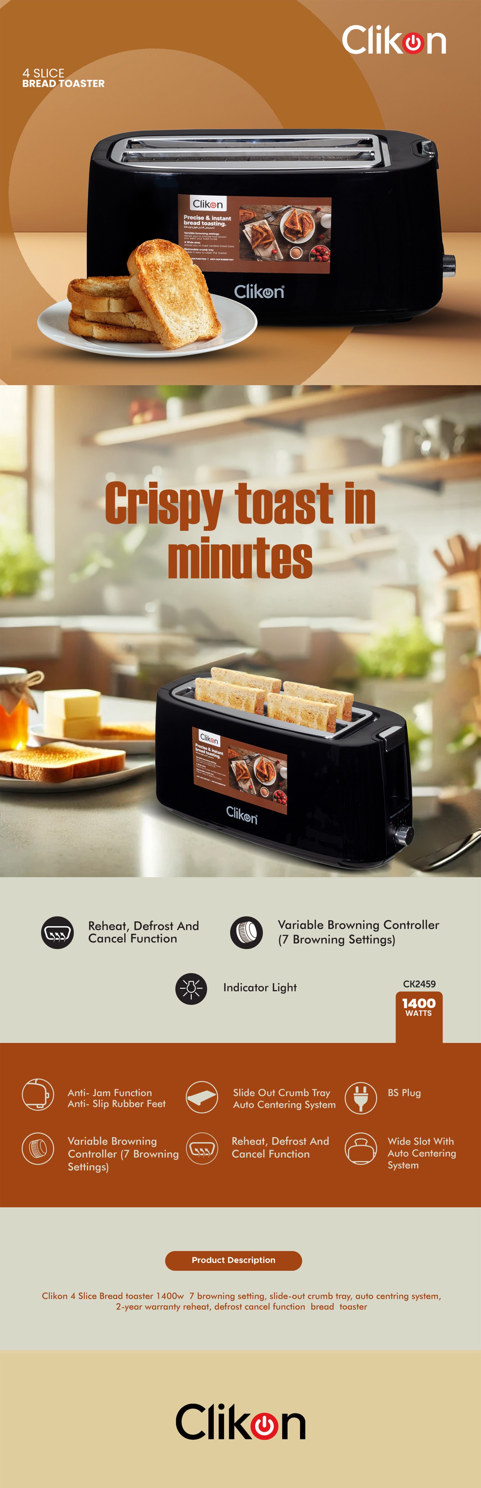 4-Slice Cool Touch Bread Toaster 1200 W CK2459 Black