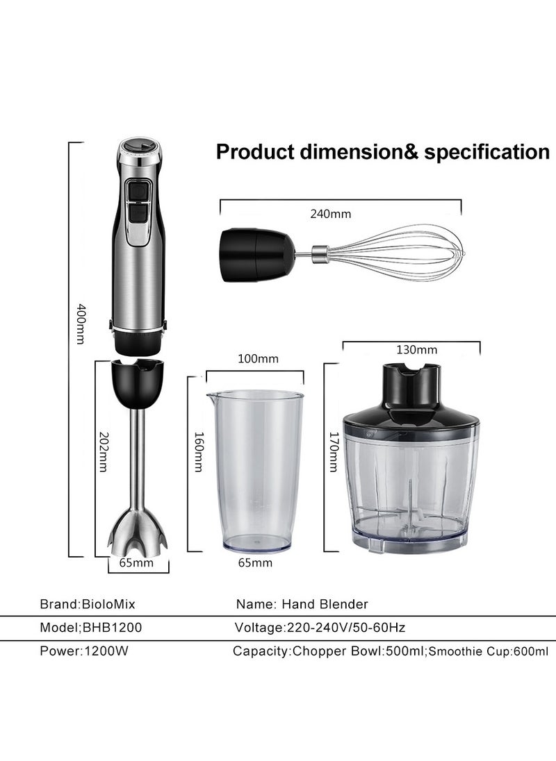 BioloMix - high power hand blender, 4 in 1, 1200W, includes stainless steel ice blades, chopper and smoothie bowl.