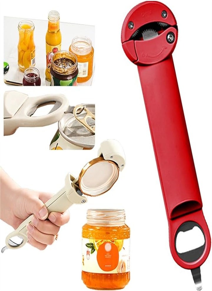 Adjustable can opener bottle opener, suitable for most sizes, labor-saving and convenient to use, jar lid remover, stainless steel gear, home restaurant, camping bar, suitable for weak hands, arthritic hands, red 1pc