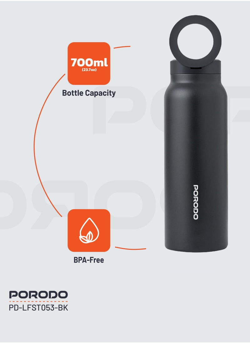 Magnetic Mount Water Bottle 700ml / Works With Magsafe / Stable / Double Wall / Keeps Cold and Warm - Black