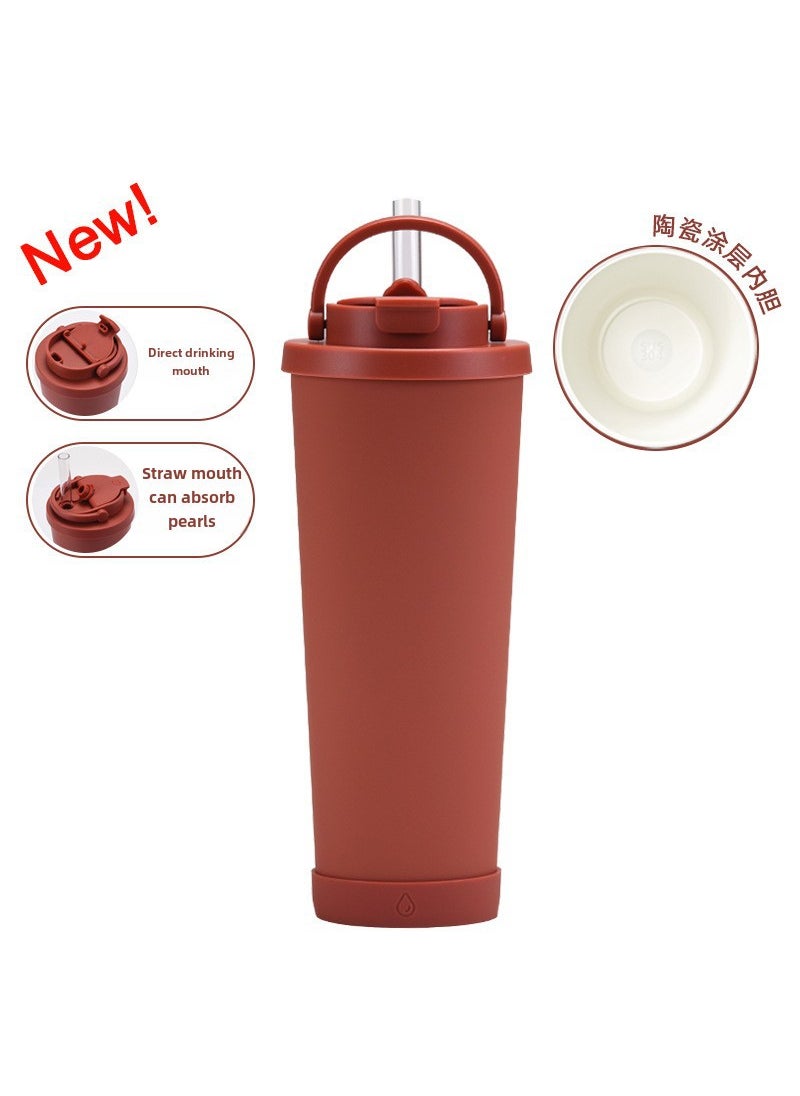 830ml Ceramic Coated Stainless Steel Tumbler with Straw brick red