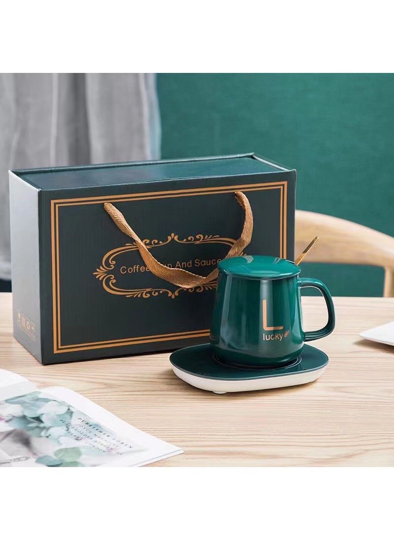 Ceramic Mug Gift Set Towel Fan Wedding Favor Dark green thermal insulation mat gift box