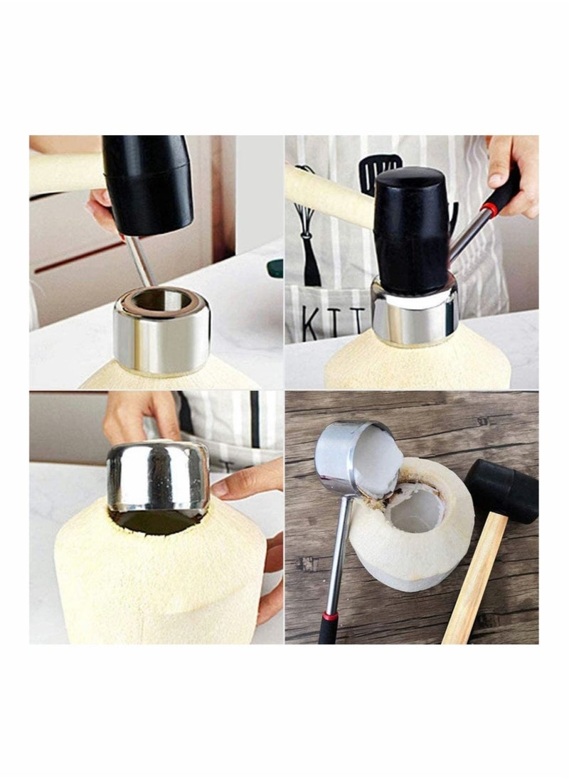 Stainless Steel Coconut Opener Set, Young Coconuts Opening Tool Kit with Hammer, Rubber Mallet with Handle