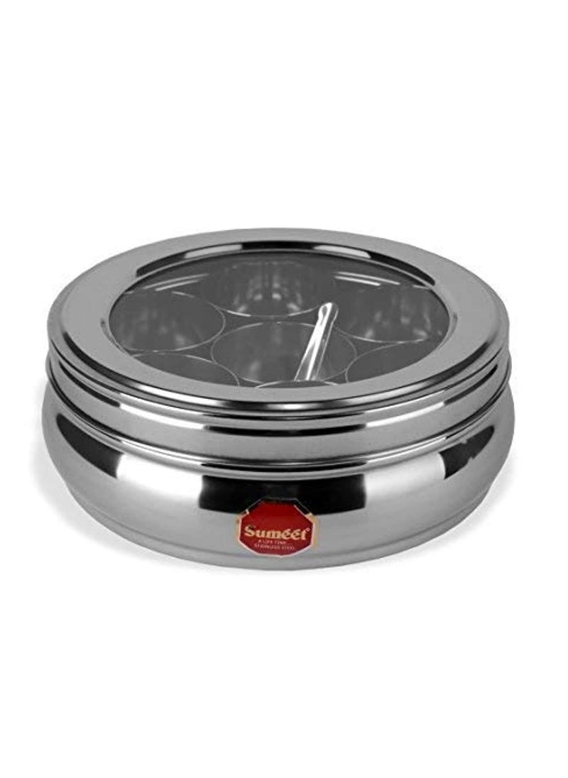 Sumeet Stainless Steel Belly Shape Masala (Spice) Box/Dabba/Organiser With See Through Lid With 7 Containers And Small Spoon (Small), Beige