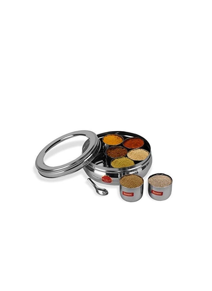 Sumeet Stainless Steel Belly Shape Masala (Spice) Box/Dabba/Organiser With See Through Lid With 7 Containers And Small Spoon (Small), Beige