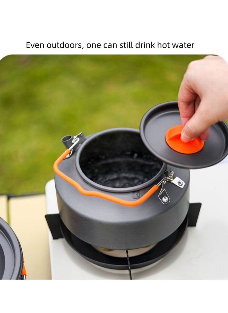 Outdoor Camping Cookware Set - Including A Kettle For Boiling Water, A Saucepan For Cooking, And A Frying Pan. it Is A Set Of Portable Cookware, Kitchen Utensils And Tableware For Camping And Outdoor Cooking Activities. A 3-Piece Set.