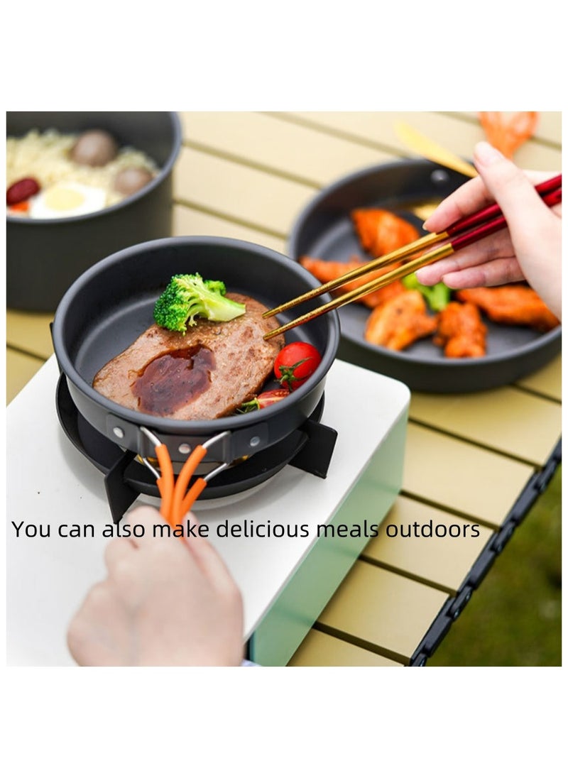 Outdoor Camping Cookware Set - Including A Kettle For Boiling Water, A Saucepan For Cooking, And A Frying Pan. it Is A Set Of Portable Cookware, Kitchen Utensils And Tableware For Camping And Outdoor Cooking Activities. A 3-Piece Set.