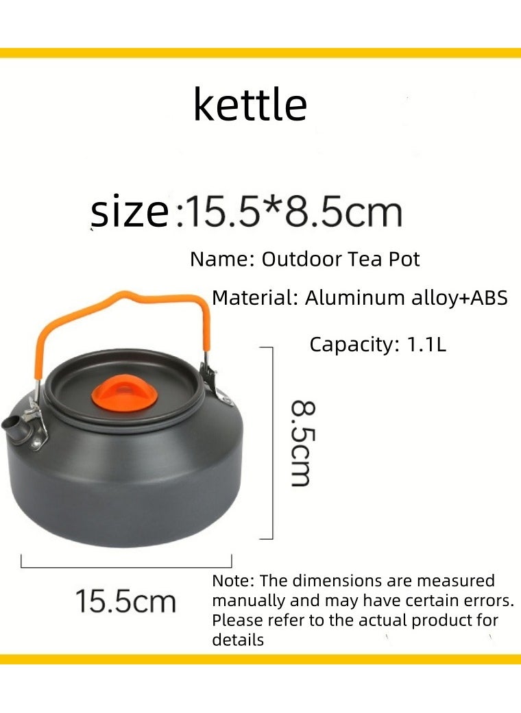 Outdoor Camping Cookware Set - Including A Kettle For Boiling Water, A Saucepan For Cooking, And A Frying Pan. it Is A Set Of Portable Cookware, Kitchen Utensils And Tableware For Camping And Outdoor Cooking Activities. A 3-Piece Set.